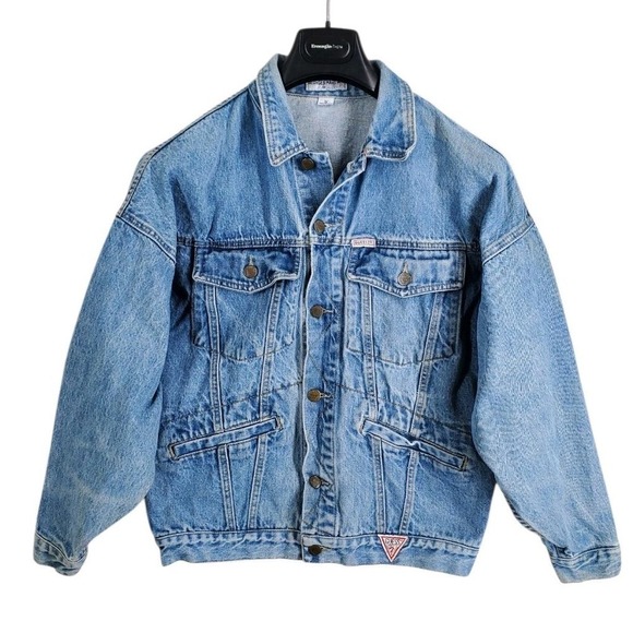 Vtg 80s Guess Georges Marciano Trucker Denim Jacket Mens S Blue Distressed USA